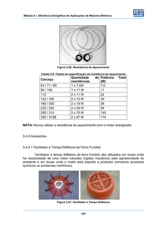 Módulo 6 – Eficiência Energética em Aplicações de Motores Elétricos
103
Figura 3.46: Resistência de Aquecimento
Tabela 3.9: Tabela de especificação da resistência de aquecimento
Carcaça
Quantidade de
resistências
Potência Total
(W)
63 / 71 / 80 1 x 7,5W 7,5
90 / 100 1 x 11 W 11
112 2 x 11 W 22
132 / 160 2 x 15 W 30
180 / 200 2 x 19 W 38
225 / 250 2 x 28 W 56
280 / 315 2 x 70 W 140
355 / 315B 2 x 87 W 174
NOTA: Nunca utilizar a resistência de aquecimento com o motor energizado.
3.4.5 Acessórios
3.4.5.1 Ventilador e Tampa Defletora de Ferro Fundido
Ventilador e tampa defletora de ferro fundido são utilizados em locais onde
há necessidade de uma maior robustez (rigidez mecânica) pela agressividade do
ambiente e em locais onde o motor está exposto a produtos corrosivos (produtos
químicos ou ambientes marítimos).
Figura 3.47: Ventilador e Tampa Defletora
 
