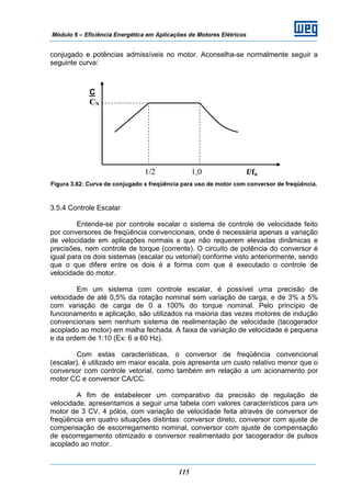 Módulo 6 – Eficiência Energética em Aplicações de Motores Elétricos
115
C
CN
1/2 1,0 f/fn
conjugado e potências admissíveis no motor. Aconselha-se normalmente seguir a
seguinte curva:
Figura 3.62: Curva de conjugado x freqüência para uso de motor com conversor de freqüência.
3.5.4 Controle Escalar
Entende-se por controle escalar o sistema de controle de velocidade feito
por conversores de freqüência convencionais, onde é necessária apenas a variação
de velocidade em aplicações normais e que não requerem elevadas dinâmicas e
precisões, nem controle de torque (corrente). O circuito de potência do conversor é
igual para os dois sistemas (escalar ou vetorial) conforme visto anteriormente, sendo
que o que difere entre os dois é a forma com que é executado o controle de
velocidade do motor.
Em um sistema com controle escalar, é possível uma precisão de
velocidade de até 0,5% da rotação nominal sem variação de carga, e de 3% a 5%
com variação de carga de 0 a 100% do torque nominal. Pelo princípio de
funcionamento e aplicação, são utilizados na maioria das vezes motores de indução
convencionais sem nenhum sistema de realimentação de velocidade (tacogerador
acoplado ao motor) em malha fechada. A faixa de variação de velocidade é pequena
e da ordem de 1:10 (Ex: 6 a 60 Hz).
Com estas características, o conversor de freqüência convencional
(escalar), é utilizado em maior escala, pois apresenta um custo relativo menor que o
conversor com controle vetorial, como também em relação a um acionamento por
motor CC e conversor CA/CC.
A fim de estabelecer um comparativo da precisão de regulação de
velocidade, apresentamos a seguir uma tabela com valores característicos para um
motor de 3 CV, 4 pólos, com variação de velocidade feita através de conversor de
freqüência em quatro situações distintas: conversor direto, conversor com ajuste de
compensação de escorregamento nominal, conversor com ajuste de compensação
de escorregamento otimizado e conversor realimentado por tacogerador de pulsos
acoplado ao motor.
 