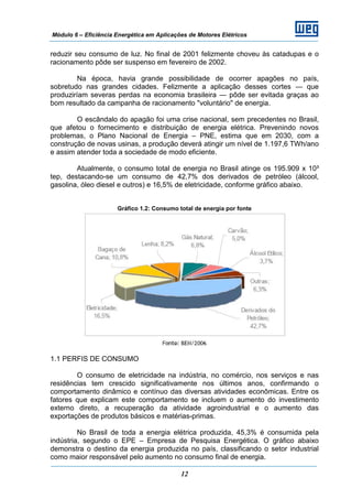 Módulo 6 – Eficiência Energética em Aplicações de Motores Elétricos
12
reduzir seu consumo de luz. No final de 2001 felizmente choveu às catadupas e o
racionamento pôde ser suspenso em fevereiro de 2002.
Na época, havia grande possibilidade de ocorrer apagões no país,
sobretudo nas grandes cidades. Felizmente a aplicação desses cortes — que
produziríam severas perdas na economia brasileira — pôde ser evitada graças ao
bom resultado da campanha de racionamento "voluntário" de energia.
O escândalo do apagão foi uma crise nacional, sem precedentes no Brasil,
que afetou o fornecimento e distribuição de energia elétrica. Prevenindo novos
problemas, o Plano Nacional de Energia – PNE, estima que em 2030, com a
construção de novas usinas, a produção deverá atingir um nível de 1.197,6 TWh/ano
e assim atender toda a sociedade de modo eficiente.
Atualmente, o consumo total de energia no Brasil atinge os 195.909 x 10³
tep, destacando-se um consumo de 42,7% dos derivados de petróleo (álcool,
gasolina, óleo diesel e outros) e 16,5% de eletricidade, conforme gráfico abaixo.
Gráfico 1.2: Consumo total de energia por fonte
1.1 PERFIS DE CONSUMO
O consumo de eletricidade na indústria, no comércio, nos serviços e nas
residências tem crescido significativamente nos últimos anos, confirmando o
comportamento dinâmico e contínuo das diversas atividades econômicas. Entre os
fatores que explicam este comportamento se incluem o aumento do investimento
externo direto, a recuperação da atividade agroindustrial e o aumento das
exportações de produtos básicos e matérias-primas.
No Brasil de toda a energia elétrica produzida, 45,3% é consumida pela
indústria, segundo o EPE – Empresa de Pesquisa Energética. O gráfico abaixo
demonstra o destino da energia produzida no país, classificando o setor industrial
como maior responsável pelo aumento no consumo final de energia.
 