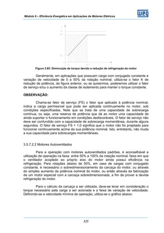 Módulo 6 – Eficiência Energética em Aplicações de Motores Elétricos
125
Figura 3.65: Diminuição de torque devido a redução de refrigeração do motor
Geralmente, em aplicações que possuam carga com conjugado constante e
variação de velocidade de 0 a 50% da rotação nominal, utiliza-se o fator K de
redução de potência, da figura anterior, ou se quisermos, poderemos utilizar o fator
de serviço e/ou o aumento da classe de isolamento para manter o torque constante.
OBSERVAÇÃO:
Chama-se fator de serviço (FS) o fator que aplicado à potência nominal,
indica a carga permissível que pode ser aplicada continuamente no motor, sob
condições especificadas. Note que se trata de uma capacidade de sobrecarga
contínua, ou seja, uma reserva de potência que dá ao motor uma capacidade de
ainda suportar o funcionamento em condições desfavoráveis. O fator de serviço não
deve ser confundido com a capacidade de sobrecarga momentânea, durante alguns
segundos. O fator de serviço FS = 1,0 significa que o motor não foi projetado para
funcionar continuamente acima da sua potência nominal. Isto, entretanto, não muda
a sua capacidade para sobrecargas momentâneas.
3.5.7.2.2 Motores Autoventilados
Para a operação com motores autoventilados padrões, é aconselhável a
utilização de operação na faixa entre 50% a 100% da rotação nominal, faixa em que
o ventilador acoplado ao próprio eixo do motor ainda possui eficiência na
refrigeração. Para rotações abaixo de 50%, em caso de cargas com conjugado
constante, é necessário o sobredimensionamento da carcaça do motor, ou através
do simples aumento da potência nominal do motor, ou então através da fabricação
de um motor especial com a carcaça sobredimensionada, a fim de prover a devida
refrigeração do motor.
Para o cálculo da carcaça a ser utilizada, deve-se levar em consideração o
torque necessário pela carga a ser acionada e a faixa de variação de velocidade.
Definindo-se a velocidade mínima de operação, utiliza-se o gráfico abaixo:
 
