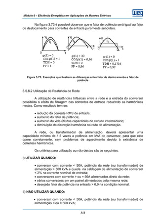 Módulo 6 – Eficiência Energética em Aplicações de Motores Elétricos
133
Na figura 3.73 é possível observar que o fator de potência será igual ao fator
de deslocamento para correntes de entrada puramente senoidais.
Figura 3.73: Exemplos que ilustram as diferenças entre fator de deslocamento e fator de
potência
3.5.8.2 Utilização de Reatância de Rede
A utilização de reatâncias trifásicas entre a rede e a entrada do conversor
possibilita o efeito de filtragem das correntes de entrada reduzindo as harmônicas
nestas. Como resultado tem-se:
• redução da corrente RMS de entrada;
• aumento do fator de potência;
• aumento da vida útil dos capacitores do circuito intermediário;
• diminuição da distorção harmônica na rede de alimentação.
A rede, ou transformador de alimentação, deverá apresentar uma
capacidade mínima de 1,5 vezes a potência em kVA do conversor, para que este
opere corretamente, sem problemas de aquecimento devido à existência de
correntes harmônicas.
Os critérios para utilização ou não destas são os seguintes:
I) UTILIZAR QUANDO:
• conversor com corrente < 50A, potência da rede (ou transformador) de
alimentação > 500 kVA e queda na cablagem de alimentação do conversor
< 2% na corrente nominal de entrada;
• conversores com corrente > ou = 50A alimentados direto da rede;
• vários conversores em um painel alimentados pela mesma rede;
• desejado fator de potência na entrada > 0,9 na condição nominal.
II) NÃO UTILIZAR QUANDO:
• conversor com corrente < 50A, potência da rede (ou transformador) de
alimentação < ou = 500 kVA;
 