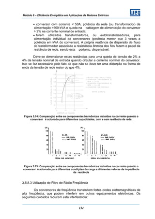 Módulo 6 – Eficiência Energética em Aplicações de Motores Elétricos
134
• conversor com corrente < 50A, potência da rede (ou transformador) de
alimentação >500 kVA e queda na cablagem de alimentação do conversor
> 2% na corrente nominal de entrada;
• forem utilizados transformadores, ou autotransformadores, para
alimentação individual de conversores (potência menor que 3 vezes a
potência em kVA do conversor). A própria reatância de dispersão de fluxo
do transformador associado a resistência ôhmica dos fios fazem o papel da
reatância de rede, sendo esta portanto, dispensável.
Deve-se dimensionar estas reatâncias para uma queda de tensão de 2% a
4% da tensão nominal de entrada quando circular a corrente nominal do conversor.
Isto se faz necessário pelo fato de que não se deve ter uma distorção na forma de
onda da tensão de rede maior do que 4%.
Figura 3.74: Comparação entre as componentes harmônicas incluídas na corrente quando o
conversor é acionado para diferentes capacidades, com e sem reatância de rede.
Figura 3.75: Comparação entre as componentes harmônicas incluídas na corrente quando o
conversor é acionado para diferentes condições de carga e diferentes valores de impedância
da reatância
3.5.8.3 Utilização de Filtro de Rádio Freqüência
Os conversores de freqüência transmitem fortes ondas eletromagnéticas de
alta freqüência, que podem interferir em outros equipamentos eletrônicos. Os
seguintes cuidados reduzem esta interferência:
 