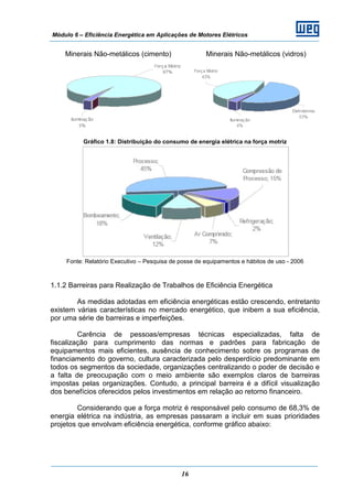 Módulo 6 – Eficiência Energética em Aplicações de Motores Elétricos
16
Minerais Não-metálicos (cimento) Minerais Não-metálicos (vidros)
Gráfico 1.8: Distribuição do consumo de energia elétrica na força motriz
Fonte: Relatório Executivo – Pesquisa de posse de equipamentos e hábitos de uso - 2006
1.1.2 Barreiras para Realização de Trabalhos de Eficiência Energética
As medidas adotadas em eficiência energéticas estão crescendo, entretanto
existem várias características no mercado energético, que inibem a sua eficiência,
por uma série de barreiras e imperfeições.
Carência de pessoas/empresas técnicas especializadas, falta de
fiscalização para cumprimento das normas e padrões para fabricação de
equipamentos mais eficientes, ausência de conhecimento sobre os programas de
financiamento do governo, cultura caracterizada pelo desperdício predominante em
todos os segmentos da sociedade, organizações centralizando o poder de decisão e
a falta de preocupação com o meio ambiente são exemplos claros de barreiras
impostas pelas organizações. Contudo, a principal barreira é a difícil visualização
dos benefícios oferecidos pelos investimentos em relação ao retorno financeiro.
Considerando que a força motriz é responsável pelo consumo de 68,3% de
energia elétrica na indústria, as empresas passaram a incluir em suas prioridades
projetos que envolvam eficiência energética, conforme gráfico abaixo:
 