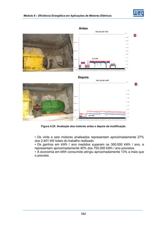 Módulo 6 – Eficiência Energética em Aplicações de Motores Elétricos
164
Antes
Depois
Figura 4.25: Avaliação dos motores antes e depois da modificação
• Os vinte e seis motores analisados representam aproximadamente 27%
dos 2.401 kW totais do trabalho realizado
• Os ganhos em kWh / ano medidos superam os 300.000 kWh / ano, e
representam aproximadamente 40% dos 750.000 kWh / ano previstos
• A economia em kWh consumido atingiu aproximadamente 13% a mais que
o previsto.
 