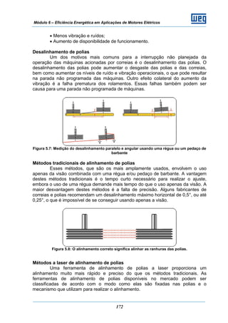 Módulo 6 – Eficiência Energética em Aplicações de Motores Elétricos
172
• Menos vibração e ruídos;
• Aumento de disponibilidade de funcionamento.
Desalinhamento de polias
Um dos motivos mais comuns para a interrupção não planejada da
operação das máquinas acionadas por correias é o desalinhamento das polias. O
desalinhamento das polias pode aumentar o desgaste das polias e das correias,
bem como aumentar os níveis de ruído e vibração operacionais, o que pode resultar
na parada não programada das máquinas. Outro efeito colateral do aumento da
vibração é a falha prematura dos rolamentos. Essas falhas também podem ser
causa para uma parada não programada de máquinas.
Figura 5.7: Medição do desalinhamento paralelo e angular usando uma régua ou um pedaço de
barbante
Métodos tradicionais de alinhamento de polias
Esses métodos, que são os mais amplamente usados, envolvem o uso
apenas da visão combinada com uma régua e/ou pedaço de barbante. A vantagem
destes métodos tradicionais é o tempo curto necessário para realizar o ajuste,
embora o uso de uma régua demande mais tempo do que o uso apenas da visão. A
maior desvantagem destes métodos é a falta de precisão. Alguns fabricantes de
correias e polias recomendam um desalinhamento máximo horizontal de 0,5°, ou até
0,25°, o que é impossível de se conseguir usando apenas a visão.
Figura 5.8: O alinhamento correto significa alinhar as ranhuras das polias.
Métodos a laser de alinhamento de polias
Uma ferramenta de alinhamento de polias a laser proporciona um
alinhamento muito mais rápido e preciso do que os métodos tradicionais. As
ferramentas de alinhamento de polias disponíveis no mercado podem ser
classificadas de acordo com o modo como elas são fixadas nas polias e o
mecanismo que utilizam para realizar o alinhamento.
 