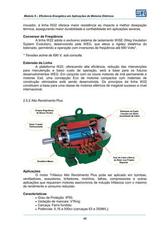 Módulo 6 – Eficiência Energética em Aplicações de Motores Elétricos
46
inovador, à linha W22 oferece maior resistência ao impacto e melhor dissipação
térmica, assegurando maior durabilidade e confiabilidade em aplicações severas.
Conversor de Freqüência
A linha W22 adota o exclusivo sistema de isolamento WISE (Weg Insulation
System Evolution), desenvolvido pela WEG, que eleva a rigidez dielétrica do
bobinado, permitindo a operação com inversores de freqüência até 690 Volts*.
* Tensões acima de 690 V, sob consulta.
Extensão da Linha
A plataforma W22, oferecendo alta eficiência, redução das intervenções
para manutenção e baixo custo de operação, será a base para os futuros
desenvolvimentos WEG. Em conjunto com os novos motores de imã permanente e
motores Exd, uma concepção Eco de motores compactos com materiais de
construção otimizados está sendo desenvolvida. Os princípios da linha W22
constituem a base para uma classe de motores elétricos de inegável sucesso a nível
internacional.
2.5.2 Alto Rendimento Plus
Aplicações
O motor Trifásico Alto Rendimento Plus pode ser aplicado em bombas,
ventiladores, exaustores, britadores, moinhos, talhas, compressores e outras
aplicações que requeiram motores assíncronos de indução trifásicos com o máximo
de rendimento e consumo reduzido.
Características
• Grau de Proteção: IP55;
• Vedação de mancais: V’Ring;
• Carcaça: Ferro fundido;
• Potências: 0,16 a 500cv (carcaças 63 a 355M/L);
 