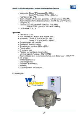 Módulo 6 – Eficiência Energética em Aplicações de Motores Elétricos
47
• Isolamento: Classe "B" (carcaças 63 a 100L);
Classe "F" (carcaças 112M a 355M/L);
• Fator de serviço: 1,15;
• Rolamentos de esferas (com graxeira a partir da carcaça 225S/M);
• Rolamentos dianteiros de rolos:carcaças 355M/L (IV, VI e VIII pólos);
• Categoria: N;
• Tensões: 220/380; 380/660V (carcaças 63 a 200L);
220/380/440V (carcaças 225S/M a 355M/L);
• Cor: Verde RAL 6002.
Opcionais
• Freqüência: 50Hz;
• Grau de proteção: IPW55, IP56, IP65 e IP66;
• Isolamento: Classe "F" (carcaças 63 a 100L);
Classe "H" (carcaças 63 a 355M/L);
• Outras tensões sob consulta;
• Resistência de aquecimento;
• Graxeiras nas carcaças 160M a 200L ;
• Prensa-cabos;
• 2ª ponta de eixo;
• Placa de bornes (duplo aterramento);
• Labirinto taconite (carcaças 90 a 355M/L);
• Rolamentos de rolos na tampa dianteira a partir da carcaça 160M (IV, VI
e VIII pólos);
• PT100 nos mancais;
• Eixo em aço inox;
• Ventilador de alumínio;
• Retentor;
• Outros opcionais sob consulta.
2.5.3 Wmagnet
 
