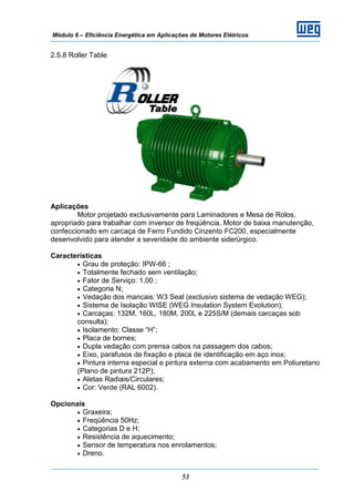 Módulo 6 – Eficiência Energética em Aplicações de Motores Elétricos
53
2.5.8 Roller Table
Aplicações
Motor projetado exclusivamente para Laminadores e Mesa de Rolos,
apropriado para trabalhar com inversor de freqüência. Motor de baixa manutenção,
confeccionado em carcaça de Ferro Fundido Cinzento FC200, especialmente
desenvolvido para atender a severidade do ambiente siderúrgico.
Características
• Grau de proteção: IPW-66 ;
• Totalmente fechado sem ventilação;
• Fator de Serviço: 1,00 ;
• Categoria N;
• Vedação dos mancais: W3 Seal (exclusivo sistema de vedação WEG);
• Sistema de Isolação WISE (WEG Insulation System Evolution);
• Carcaças: 132M, 160L, 180M, 200L e 225S/M (demais carcaças sob
consulta);
• Isolamento: Classe “H”;
• Placa de bornes;
• Dupla vedação com prensa cabos na passagem dos cabos;
• Eixo, parafusos de fixação e placa de identificação em aço inox;
• Pintura interna especial e pintura externa com acabamento em Poliuretano
(Plano de pintura 212P);
• Aletas Radiais/Circulares;
• Cor: Verde (RAL 6002).
Opcionais
• Graxeira;
• Freqüência 50Hz;
• Categorias D e H;
• Resistência de aquecimento;
• Sensor de temperatura nos enrolamentos;
• Dreno.
 