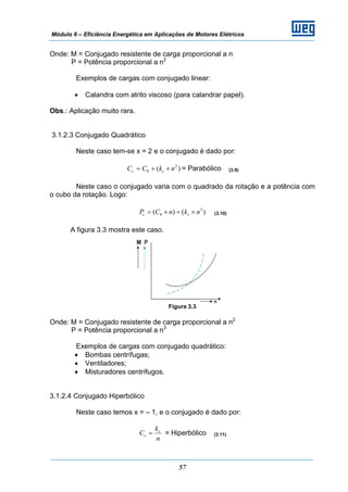 Módulo 6 – Eficiência Energética em Aplicações de Motores Elétricos
57
Onde: M = Conjugado resistente de carga proporcional a n
P = Potência proporcional a n2
Exemplos de cargas com conjugado linear:
• Calandra com atrito viscoso (para calandrar papel).
Obs.: Aplicação muito rara.
3.1.2.3 Conjugado Quadrático
Neste caso tem-se x = 2 e o conjugado é dado por:
)( 2
0 nkCC cc ×+= = Parabólico (3.9)
Neste caso o conjugado varia com o quadrado da rotação e a potência com
o cubo da rotação. Logo:
)()( 3
0 nknCP cc ×+×= (3.10)
A figura 3.3 mostra este caso.
Figura 3.3
Onde: M = Conjugado resistente de carga proporcional a n2
P = Potência proporcional a n3
Exemplos de cargas com conjugado quadrático:
• Bombas centrífugas;
• Ventiladores;
• Misturadores centrífugos.
3.1.2.4 Conjugado Hiperbólico
Neste caso temos x = – 1, e o conjugado é dado por:
n
k
C c
c = = Hiperbólico (3.11)
 