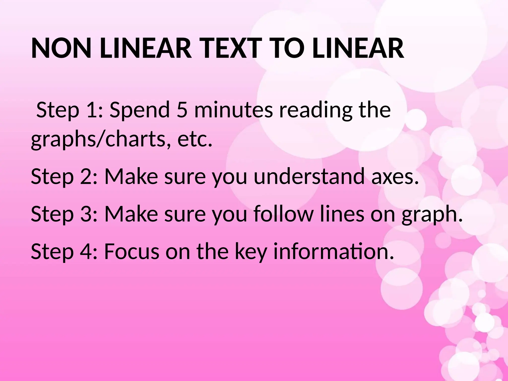NON LINEAR TEXT TO LINEAR
Step 1: Spend 5 minutes reading the
graphs/charts, etc.
Step 2: Make sure you understand axes.
Step 3: Make sure you follow lines on graph.
Step 4: Focus on the key information.
 