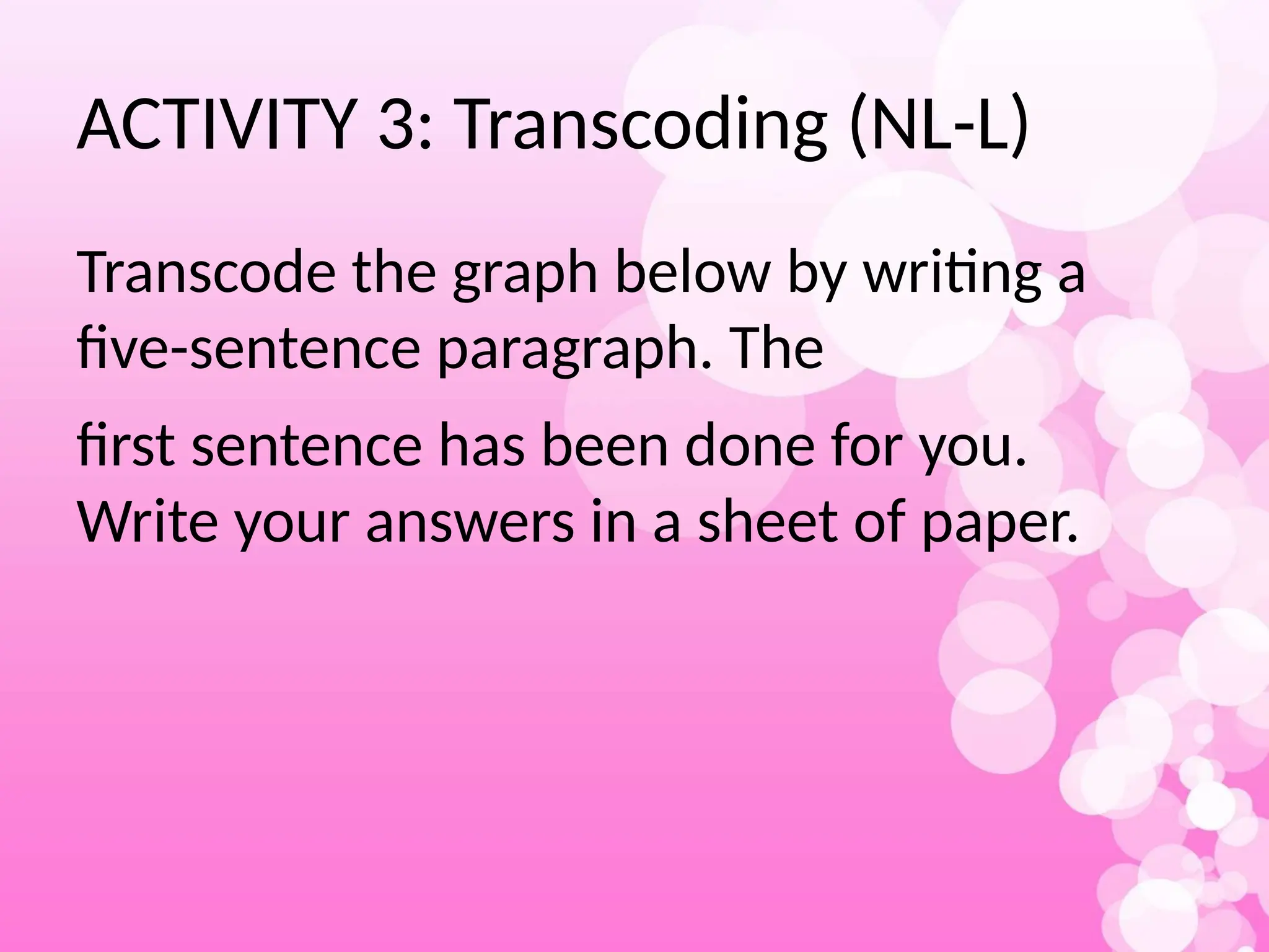 ACTIVITY 3: Transcoding (NL-L)
Transcode the graph below by writing a
five-sentence paragraph. The
first sentence has been done for you.
Write your answers in a sheet of paper.
 