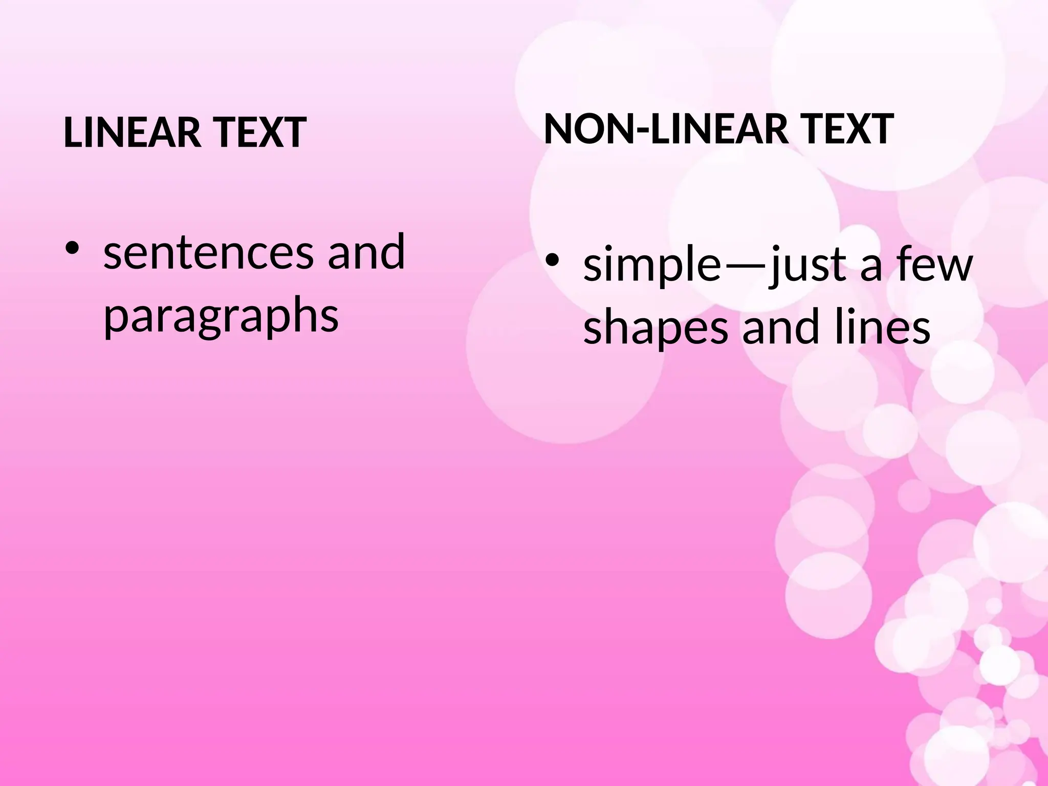 LINEAR TEXT
• sentences and
paragraphs
NON-LINEAR TEXT
• simple—just a few
shapes and lines
 