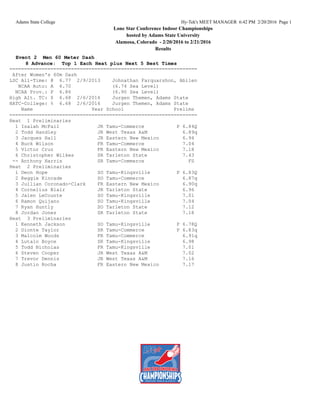 Adams State College Hy-Tek's MEET MANAGER 6:42 PM 2/20/2016 Page 1
Lone Star Conference Indoor Championships
hosted by Adams State University
Alamosa, Colorado - 2/20/2016 to 2/21/2016
Results
Event 2 Men 60 Meter Dash
8 Advance: Top 1 Each Heat plus Next 5 Best Times
================================================================
After Women's 60m Dash
LSC All-Time: @ 6.77 2/9/2013 Johnathan Farquarshon, Abilen
NCAA Auto: A 6.70 (6.74 Sea Level)
NCAA Prov.: P 6.86 (6.90 Sea Level)
High Alt. TC: $ 6.68 2/6/2016 Jurgen Themen, Adams State
HATC-College: % 6.68 2/6/2016 Jurgen Themen, Adams State
Name Year School Prelims
================================================================
Heat 1 Preliminaries
1 Isaiah McFail JR Tamu-Commerce P 6.84Q
2 Todd Handley JR West Texas A&M 6.89q
3 Jacques Hall JR Eastern New Mexico 6.94
4 Buck Wilson FR Tamu-Commerce 7.04
5 Victor Cruz FR Eastern New Mexico 7.18
6 Christopher Wilkes SR Tarleton State 7.43
-- Anthony Harris SR Tamu-Commerce FS
Heat 2 Preliminaries
1 Deon Hope SO Tamu-Kingsville P 6.83Q
2 Reggie Kincade SO Tamu-Commerce 6.87q
3 Jullian Coronado-Clark FR Eastern New Mexico 6.90q
4 Cornelius Blair JR Tarleton State 6.96
5 Jalen LeCounte SO Tamu-Kingsville 7.01
6 Ramon Quijano SO Tamu-Kingsville 7.04
7 Ryan Huntly SO Tarleton State 7.12
8 Jordan Jones SR Tarleton State 7.18
Heat 3 Preliminaries
1 Kenneth Jackson SO Tamu-Kingsville P 6.78Q
2 Dionte Taylor SR Tamu-Commerce P 6.83q
3 Malcolm Woods FR Tamu-Commerce 6.91q
4 Lutalo Boyce SR Tamu-Kingsville 6.98
5 Todd Nicholas FR Tamu-Kingsville 7.01
6 Steven Cooper JR West Texas A&M 7.02
7 Trevor Dennis JR West Texas A&M 7.16
8 Justin Rocha FR Eastern New Mexico 7.17
 