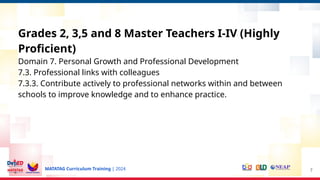 MATATAG Curriculum Training | 2024
Grades 2, 3,5 and 8 Master Teachers I-IV (Highly
Proficient)
Domain 7. Personal Growth and Professional Development
7.3. Professional links with colleagues
7.3.3. Contribute actively to professional networks within and between
schools to improve knowledge and to enhance practice.
7
 