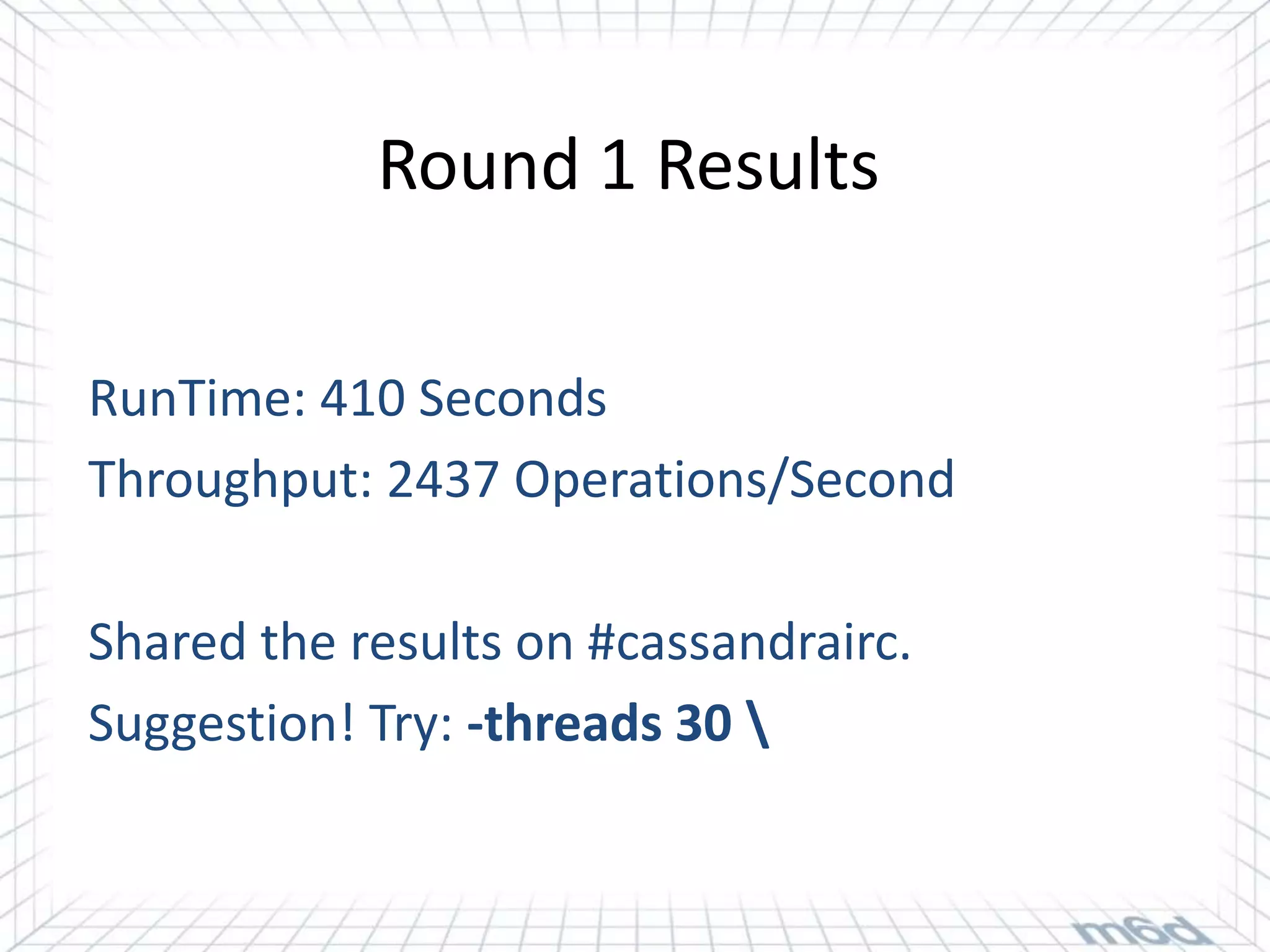 Round 1 Results

RunTime: 410 Seconds
Throughput: 2437 Operations/Second

Shared the results on #cassandrairc.
Suggestion! Try: -threads 30 
 