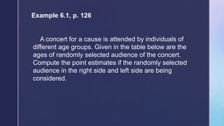 Example 6.1, p. 126
A concert for a cause is attended by individuals of
different age groups. Given in the table below are the
ages of randomly selected audience of the concert.
Compute the point estimates if the randomly selected
audience in the right side and left side are being
considered.
 