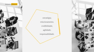 estratégia;
relacionamento;
credibilidade;
agilidade;
responsabilidade.
nossos pilares:
 