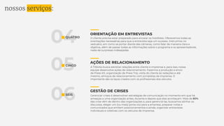 nossos serviços:
04
05
06
QUATRO
CINCO
SEIS
ORIENTAÇÃO EM ENTREVISTAS
AÇÕES DE RELACIONAMENTO
GESTÃO DE CRISES
O cliente precisa estar preparado para encarar os holofotes. Oferecemos todas as
orientações necessárias para que a entrevista seja um sucesso. Instruímos no
vestuário, em como se portar diante das câmeras, como falar de maneira clara e
objetiva, além de passar todas as informações sobre o programa e os apresentadores,
nada de surpresas indesejadas.
A TWorks busca estreitar relações entre cliente e imprensa e, para isso, nossa
equipe desenvolve ações de relacionamento. Fazemos a produção e envio
de Press Kit, organização de Press Trip, visita do cliente às redações e até
mesmo, almoços de relacionamento com jornalistas da imprensa. O
importante são os laços criados com os proﬁssionais dos veículos.
Gerenciar crises é desenvolver estratégias de comunicação no momento em que há
ameaças a uma organização antes, durante e depois que elas aconteçam. Mais de 80%
das crise vêm de dentro das organizações e, para gerenciá-las, buscamos alinhar os
discursos, eleger um (ou mais) porta-voz para a empresa, preparar notas e
comunicados que emitem posicionamentos e ainda, organizar entrevistas
individuais e coletivas com os veículos de imprensa.
 