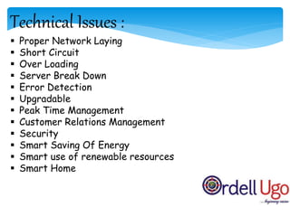 Technical Issues :
 Proper Network Laying
 Short Circuit
 Over Loading
 Server Break Down
 Error Detection
 Upgradable
 Peak Time Management
 Customer Relations Management
 Security
 Smart Saving Of Energy
 Smart use of renewable resources
 Smart Home
 