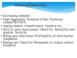 Drivers of Smart Grid :
 Increasing demand:
 High Aggregate Technical & Non Technical,
Losses:18%-62%
 Ageing assets…transformers, feeders etc.,
 Grid to carry more power: Need for, Reliability and
greater Security
 Billing and collections: Profitability of distribution
companies
 Energy mix: Need for Renewable to reduce carbon
footprint
 