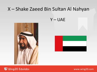 X – Shake Zaeed Bin Sultan Al Nahyan
Y – UAE
 