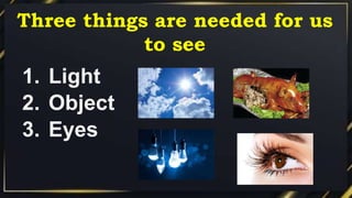 1. Light
2. Object
3. Eyes
Three things are needed for us
to see
 