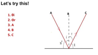 1. θi
2. Θr
3. A
4. B
5. C
A B C
Let’s try this!
 