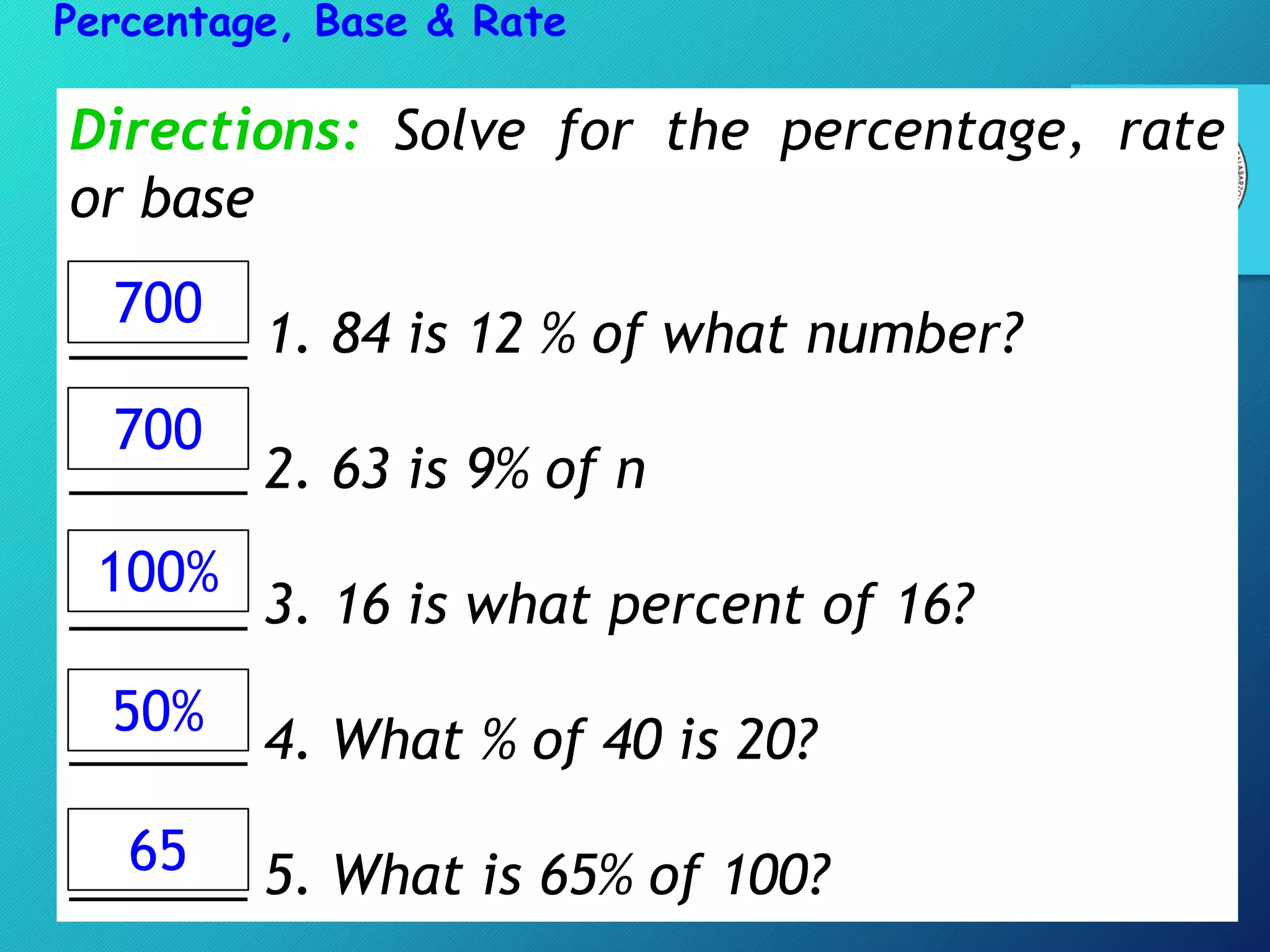 Directions: Solve for the percentage, rate
or base
______ 1. 84 is 12 % of what number?
______ 2. 63 is 9% of n
______ 3. 16 is what percent of 16?
______ 4. What % of 40 is 20?
______ 5. What is 65% of 100?
Percentage, Base & Rate
700
700
100%
50%
65
 