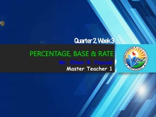 PERCENTAGE, BASE & RATE
Mr. Elmer B. Pascual
Master Teacher 1
Quarter2,Week3
 