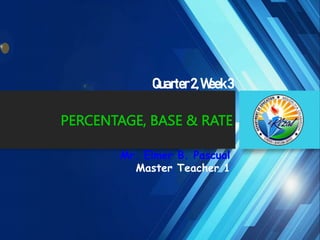 PERCENTAGE, BASE & RATE
Mr. Elmer B. Pascual
Master Teacher 1
Quarter2,Week3
 