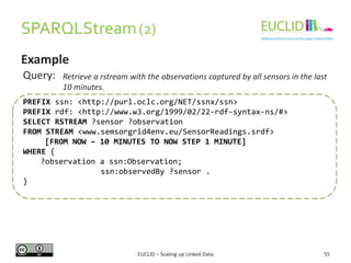 SPARQLStream (2)
Example
Query:

Retrieve a rstream with the observations captured by all sensors in the last
10 minutes.
...