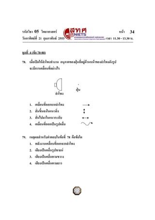 รหัสวิชา 05 วิทยาศาสตร                                                  หนา 34
วันอาทิตยที่ 21 กุมภาพันธ 2553                                เวลา 11.30 - 13.30 น.


ชุดที่ 4 (ขอ 78-80)

78. เมื่อเปดใหลําโพงทํางาน อนุภาคของฝุนที่อยูดานหนาของลําโพงดังรูป
    จะมีการเคลื่อนที่อยางไร



                                         ฝุน
                           ลําโพง

      1.   เคลื่อนที่ออกจากลําโพง
      2.   สั่นขึ้นลงในแนวดิ่ง
      3.   สั่นไปมาในแนวระดับ
      4.   เคลื่อนที่ออกเปนรูปคลื่น

79. เหตุผลสําหรับคําตอบในขอที่ 78 คือขอใด
    1. พลังงานเคลื่อนที่ออกจากลําโพง
    2. เสียงเปนคลื่นรูปซายน
    3. เสียงเปนคลื่นตามขวาง
    4. เสียงเปนคลื่นตามยาว



ฉบับ 1 สําหรับการสอบปกติ
 