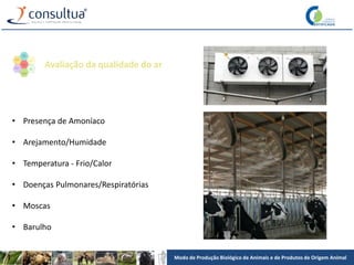 Modo de Produção Biológico de Animais e de Produtos de Origem Animal
• Presença de Amoníaco
• Arejamento/Humidade
• Temperatura - Frio/Calor
• Doenças Pulmonares/Respiratórias
• Moscas
• Barulho
Avaliação da qualidade do ar
 