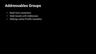Addressables Groups
11
— Build time containers
— Hold Assets with Addresses
— Settings utilize Profile Variables
 