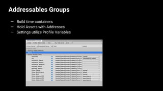 Addressables Groups
12
— Build time containers
— Hold Assets with Addresses
— Settings utilize Profile Variables
 