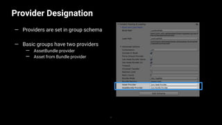 Provider Designation
32
— Providers are set in group schema
— Basic groups have two providers
— AssetBundle provider
— Asset from Bundle provider
 