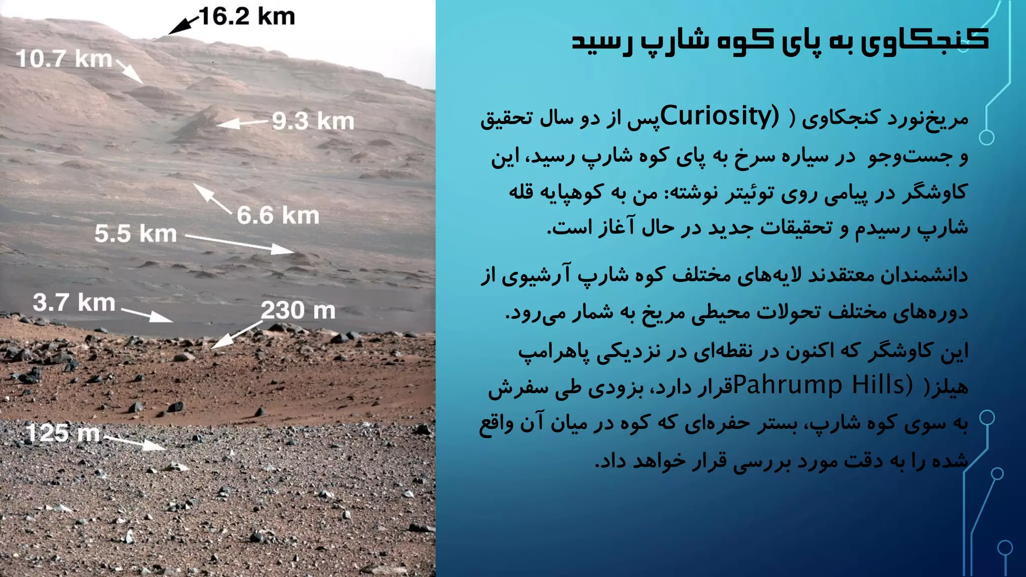 کنجکاوی به پای کوه شارپ رسید 
مری خنورد کنجکاوی ) Curiosity) پس از دو سال تحقیق 
و جست وجو در سیاره سرخ به پای کوه شارپ رسید، این 
کاوشگر در پیامی روی توئیتر نوشته: من به کوهپایه قله 
شارپ رسیدم و تحقیقات جدید در حال آغاز است. 
دانشمندان معتقدند لای ههای مختلف کوه شارپ آرشیوی از 
دور ههای مختلف تحولات محیطی مریخ به شمار می رود. 
این کاوشگر که اکنون در نقط های در نزدیکی پاهرامپ 
هیلز) Pahrump Hills) قرار دارد، بزودی طی سفرش 
به سوی کوه شارپ، بستر حفر های که کوه در میان آن واقع 
شده را به دقت مورد بررسی قرار خواهد داد. 
 