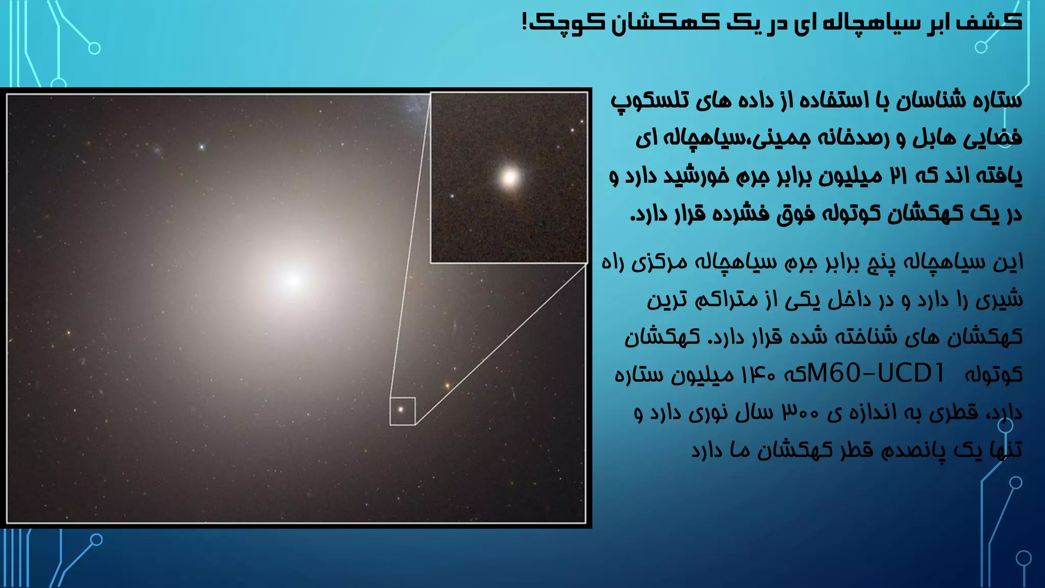 کشف ابر سیاهچاله ای در یک کهکشان کوچک! 
ستاره شناسان با استفاده از داده های تلسکوپ 
فضایی هابل و رصدخانه جمینی،سیاهچاله ای 
یافته اند که 21 میلیون برابر جرم خورشید دارد و 
در یک کهکشان کوتوله فوق فشرده قرار دارد. 
این سیاهچاله پنج برابر جرم سیاهچاله مرکزی راه 
شیری را دارد و در داخل یکی از متراکم ترین 
کهکشان های شناخته شده قرار دارد. کهکشان 
کوتوله M60-UCD1 که 1۴0 میلیون ستاره 
دارد، قطری به اندازه ی 300 سال نوری دارد و 
تنها یک پانصدم قطر کهکشان ما دارد 
 