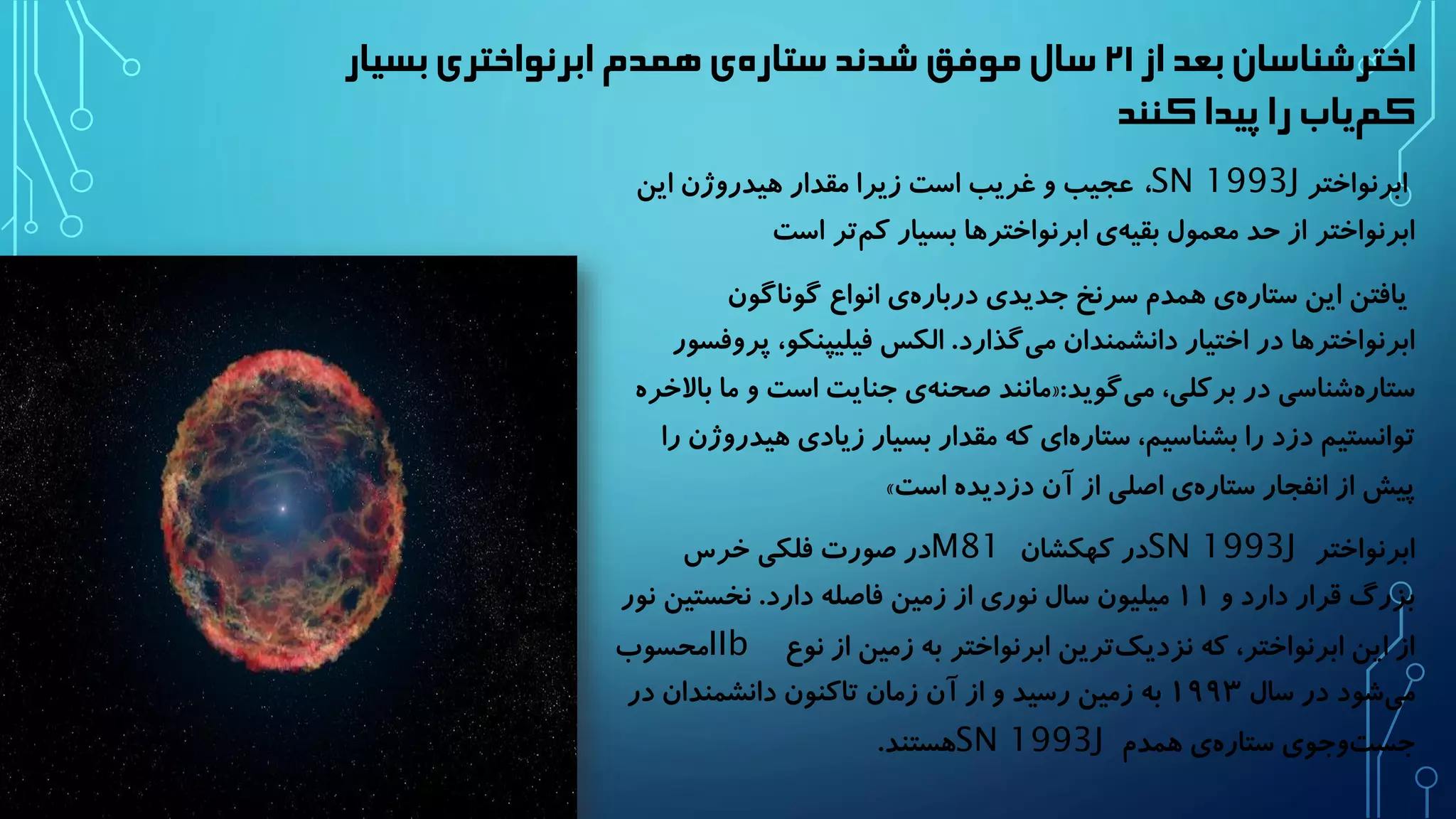 اخترشناسان بعد از ۲۱ سال موفق شدند ستار هی همدم ابرنواختری بسیار 
ک میاب را پیدا کنند 
ابرنواختر SN 1993J ، عجیب و غریب است زیرا مقدار هیدروژن این 
ابرنواختر از حد معمول بقی هی ابرنواخترها بسیار ک متر است 
یافتن این ستار هی همدم سرنخ جدیدی دربار هی انواع گوناگون 
ابرنواخترها در اختیار دانشمندان می گذارد. الکس فیلیپنکو، پروفسور 
مانند صحنه ی جنایت است و ما بالاخره «: ستار هشناسی در برکلی، می گوید 
توانستیم دزد را بشناسیم، ستاره ای که مقدار بسیار زیادی هیدروژن را 
» پیش از انفجار ستار هی اصلی از آن دزدیده است 
ابرنواختر SN 1993J در کهکشان M81 در صورت فلکی خرس 
بزرگ قرار دارد و ۱۱ میلیون سال نوری از زمین فاصله دارد. نخستین نور 
از این ابرنواختر، که نزدیک ترین ابرنواختر به زمین از نوع IIb محسوب 
م یشود در سال ۱۹۹۳ به زمین رسید و از آن زمان تاکنون دانشمندان در 
جست وجوی ستار هی همدم SN 1993J هستند. 
 