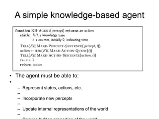 A simple knowledge-based agent
• The agent must be able to:
•
– Represent states, actions, etc.
–
– Incorporate new percepts
–
– Update internal representations of the world
–
 