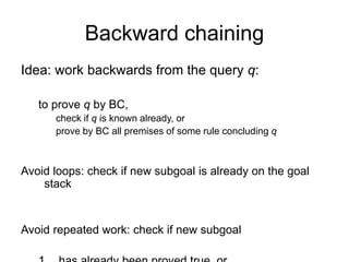 Backward chaining
Idea: work backwards from the query q:
to prove q by BC,
check if q is known already, or
prove by BC all premises of some rule concluding q
Avoid loops: check if new subgoal is already on the goal
stack
Avoid repeated work: check if new subgoal
 