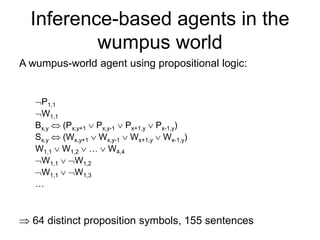 Inference-based agents in the
wumpus world
A wumpus-world agent using propositional logic:
P1,1
W1,1
Bx,y  (Px,y+1  Px,y-1  Px+1,y  Px-1,y)
Sx,y  (Wx,y+1  Wx,y-1  Wx+1,y  Wx-1,y)
W1,1  W1,2  …  W4,4
W1,1  W1,2
W1,1  W1,3
…
 64 distinct proposition symbols, 155 sentences
 