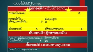 ແບບໃຊູ້ UbD Format
ຂັູ້ ນຕອນທີ 1- ຜົ ນທີີ່ ຕູ້ ອງການ
ກໍ ານົ ດເປົູ້ າໝາຍ: G
ຄວາມເຂົູ້ າໃຈ:
ນັ ກຮຽນຈະເຂົ ູ້ າໃຈ.. U
ຄໍ າຖາມຫຼັ ກ:
Q
ນັ ກຮຽນຈະຮູູ້ … K ນັ ກຮຽນຈະສາມາດ… S
ຂັູ້ ນຕອນທີ 2- ຫຼັ ກຖານປະເມີ ນ
ກິ ດຈະກໍ າຈະໃຫູ້ ນັ ກຮຽນເຮັ ດເພີ່ ອປະ
ເມີ ນຜົ ນໄດູ້ ຮັ ບ: T
ຫຼັ ກຖານອີ່ ນໆ :
OE
ຂັູ້ ນຕອນທີ 3- ແຜນການຮຽນ-ສອນ
ກິ ດຈະກໍ າການຮຽນ-ການສອນ:
 