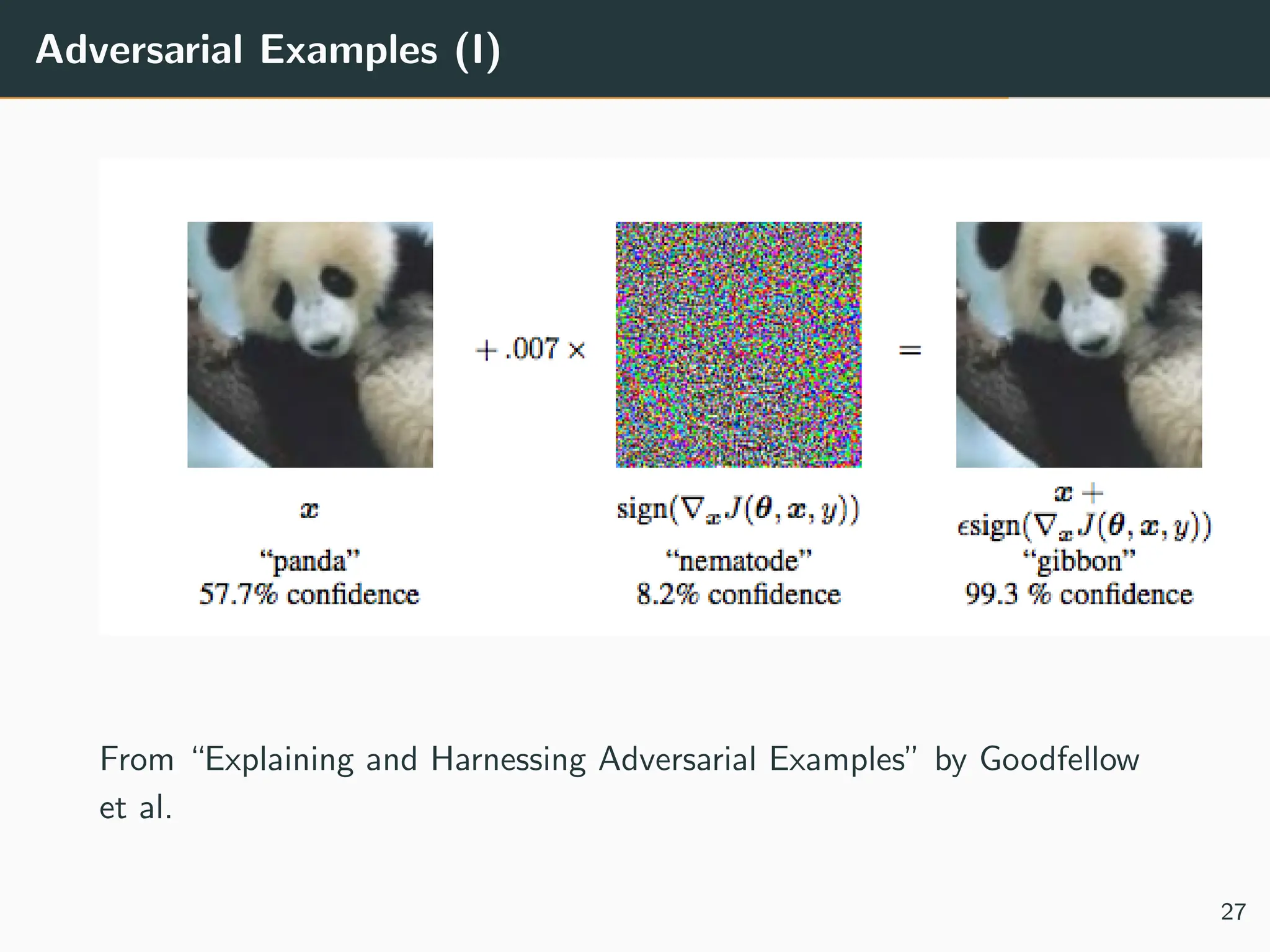Adversarial Examples (I)
From “Explaining and Harnessing Adversarial Examples” by Goodfellow
et al.
27
 