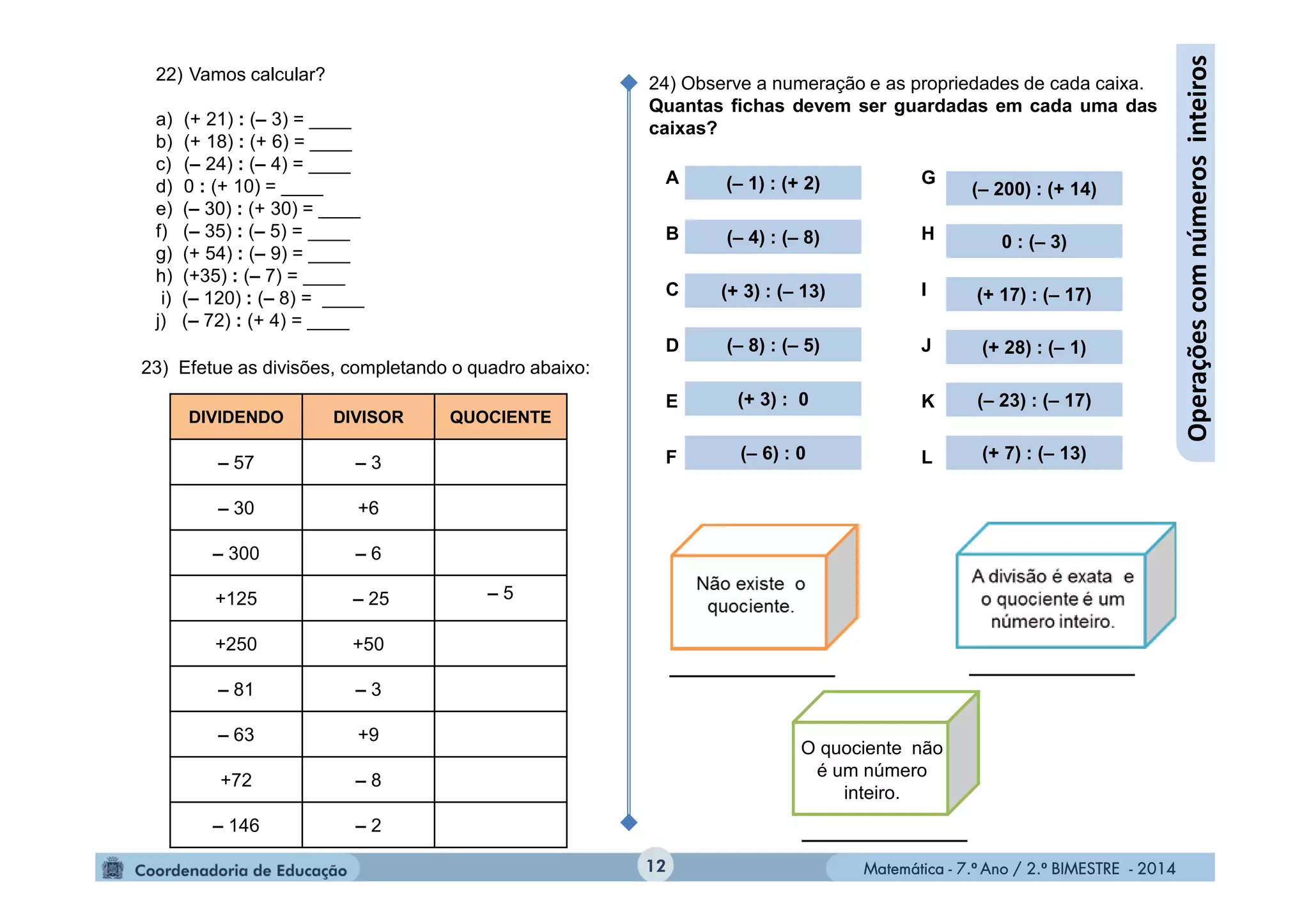 Matemática - 7.º Ano / 2.º BIMESTRE - 2014Matemática - 7.º Ano / 2.º BIMESTRE - 201412
Operaçõescomnúmerosinteiros
22) Vamos calcular?
a) (+ 21) : (– 3) = ____
b) (+ 18) : (+ 6) = ____
c) (– 24) : (– 4) = ____
d) 0 : (+ 10) = ____
e) (– 30) : (+ 30) = ____
f) (– 35) : (– 5) = ____
g) (+ 54) : (– 9) = ____
h) (+35) : (– 7) = ____
i) (– 120) : (– 8) = ____
j) (– 72) : (+ 4) = ____
DIVIDENDO DIVISOR QUOCIENTE
– 57 – 3
– 30 +6
– 300 – 6
+125 – 25 – 5
+250 +50
– 81 – 3
– 63 +9
+72 – 8
– 146 – 2
23) Efetue as divisões, completando o quadro abaixo:
24) Observe a numeração e as propriedades de cada caixa.
Quantas fichas devem ser guardadas em cada uma das
caixas?
(– 4) : (– 8)
(+ 7) : (– 13)
(– 8) : (– 5)
(– 1) : (+ 2) (– 200) : (+ 14)
(+ 17) : (– 17)
(+ 3) : 0
(+ 28) : (– 1)
0 : (– 3)
(– 6) : 0
(+ 3) : (– 13)
(– 23) : (– 17)
O quociente não
é um número
inteiro.
A
B
C
D
E
F
G
H
I
J
K
L
________________ ________________
________________
 