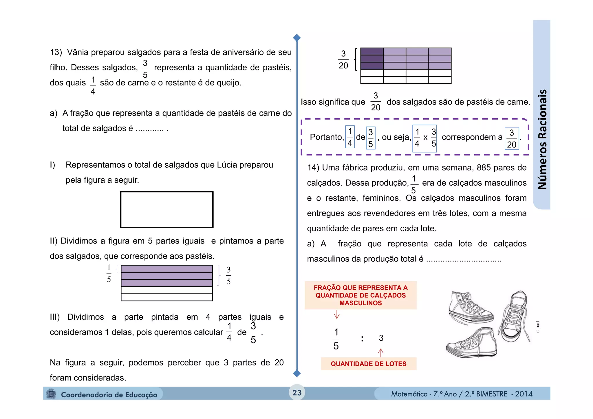Matemática - 7.º Ano / 2.º BIMESTRE - 2014Matemática - 7.º Ano / 2.º BIMESTRE - 201423
13) Vânia preparou salgados para a festa de aniversário de seu
filho. Desses salgados, representa a quantidade de pastéis,
dos quais são de carne e o restante é de queijo.
a) A fração que representa a quantidade de pastéis de carne do
total de salgados é ............ .
5
3
4
1
I) Representamos o total de salgados que Lúcia preparou
pela figura a seguir.
II) Dividimos a figura em 5 partes iguais e pintamos a parte
dos salgados, que corresponde aos pastéis.
III) Dividimos a parte pintada em 4 partes iguais e
consideramos 1 delas, pois queremos calcular de .
Na figura a seguir, podemos perceber que 3 partes de 20
foram consideradas.
4
1
20
3
Isso significa que dos salgados são de pastéis de carne.
20
3
Portanto, de , ou seja, x correspondem a .
20
3
4
1
4
1
5
3
5
3
14) Uma fábrica produziu, em uma semana, 885 pares de
calçados. Dessa produção, era de calçados masculinos
e o restante, femininos. Os calçados masculinos foram
entregues aos revendedores em três lotes, com a mesma
quantidade de pares em cada lote.
a) A fração que representa cada lote de calçados
masculinos da produção total é ................................
5
1
FRAÇÃO QUE REPRESENTA A
QUANTIDADE DE CALÇADOS
MASCULINOS
QUANTIDADE DE LOTES
5
1
3:
5
3
5
1
NúmerosRacionais
clipart
5
3
 