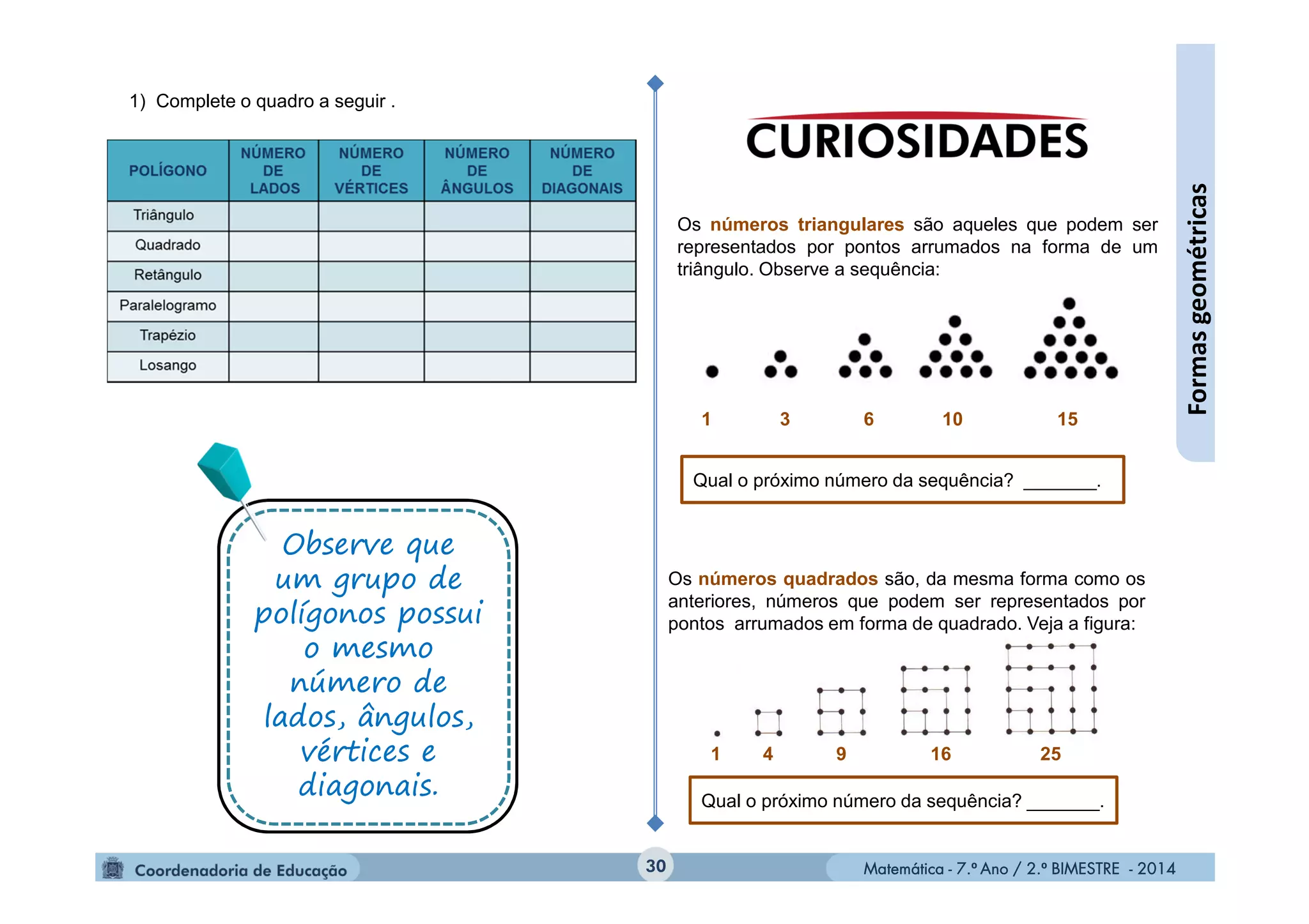 Matemática - 7.º Ano / 2.º BIMESTRE - 2014Matemática - 7.º Ano / 2.º BIMESTRE - 201430
Formasgeométricas
1) Complete o quadro a seguir .
Observe que
um grupo de
polígonos possui
o mesmo
número de
lados, ângulos,
vértices e
diagonais.
Observe que
um grupo de
polígonos possui
o mesmo
número de
lados, ângulos,
vértices e
diagonais.
Os números triangulares são aqueles que podem ser
representados por pontos arrumados na forma de um
triângulo. Observe a sequência:
1 3 6 10 15
Os números quadrados são, da mesma forma como os
anteriores, números que podem ser representados por
pontos arrumados em forma de quadrado. Veja a figura:
1 4 9 16 25
Qual o próximo número da sequência? _______.
Qual o próximo número da sequência? _______.
 