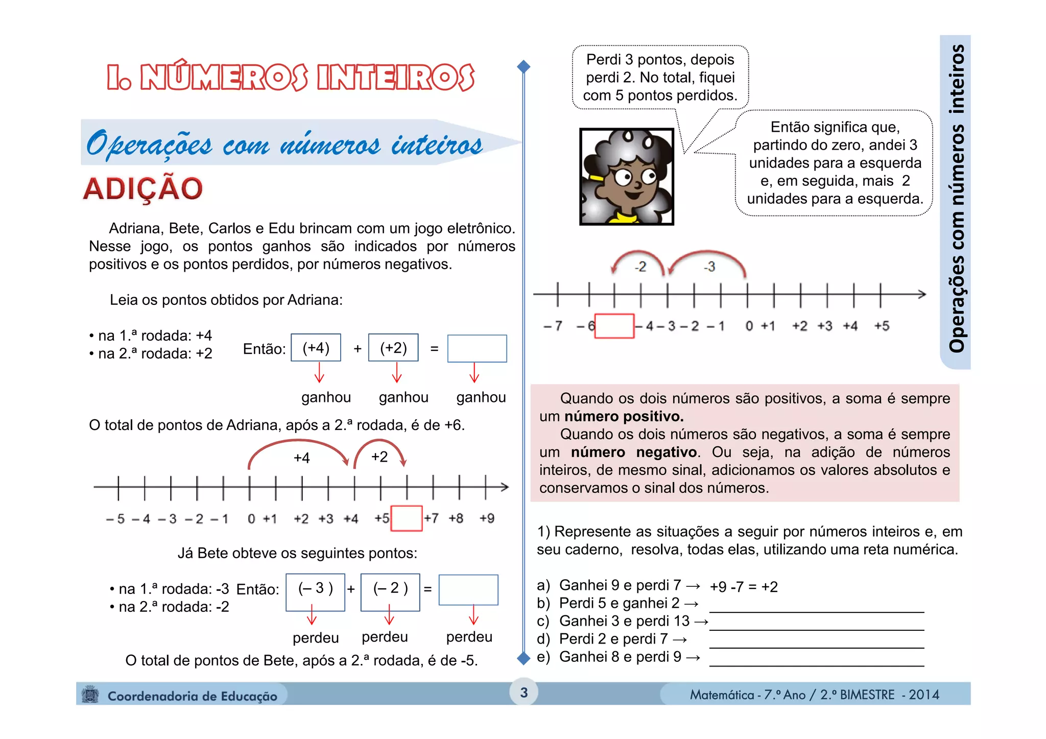 Matemática - 7.º Ano / 2.º BIMESTRE - 2014Matemática - 7.º Ano / 2.º BIMESTRE - 2014
Adriana, Bete, Carlos e Edu brincam com um jogo eletrônico.
Nesse jogo, os pontos ganhos são indicados por números
positivos e os pontos perdidos, por números negativos.
Leia os pontos obtidos por Adriana:
• na 1.ª rodada: +4
• na 2.ª rodada: +2
O total de pontos de Adriana, após a 2.ª rodada, é de +6.
3
Operaçõescomnúmerosinteiros
Operações com números inteiros
(+4) (+2)Então: + =
ganhou ganhouganhou
+2+4
Quando os dois números são positivos, a soma é sempre
um número positivo.
Quando os dois números são negativos, a soma é sempre
um número negativo. Ou seja, na adição de números
inteiros, de mesmo sinal, adicionamos os valores absolutos e
conservamos o sinal dos números.
Já Bete obteve os seguintes pontos:
• na 1.ª rodada: -3
• na 2.ª rodada: -2
O total de pontos de Bete, após a 2.ª rodada, é de -5.
perdeuperdeuperdeu
Perdi 3 pontos, depois
perdi 2. No total, fiquei
com 5 pontos perdidos.
Então significa que,
partindo do zero, andei 3
unidades para a esquerda
e, em seguida, mais 2
unidades para a esquerda.
1) Represente as situações a seguir por números inteiros e, em
seu caderno, resolva, todas elas, utilizando uma reta numérica.
a) Ganhei 9 e perdi 7 →
b) Perdi 5 e ganhei 2 →
c) Ganhei 3 e perdi 13 →
d) Perdi 2 e perdi 7 →
e) Ganhei 8 e perdi 9 →
+9 -7 = +2
__________________________
__________________________
__________________________
__________________________
Então: + =(– 3 ) (– 2 )
 