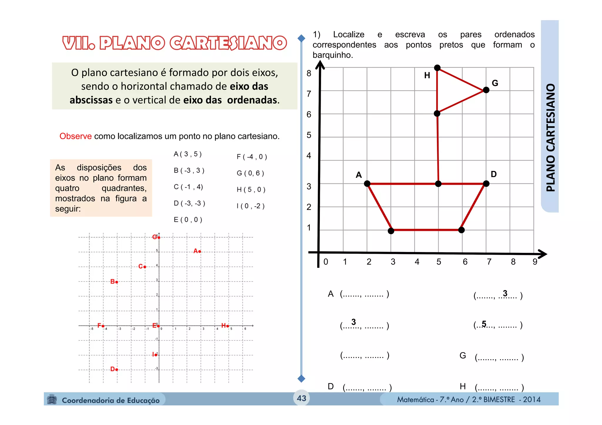 Matemática - 7.º Ano / 2.º BIMESTRE - 2014Matemática - 7.º Ano / 2.º BIMESTRE - 201443
PLANOCARTESIANO
1) Localize e escreva os pares ordenados
correspondentes aos pontos pretos que formam o
barquinho.
G
D
H
0 1 2 3 4 5 6 7 8 9
8
7
6
5
4
3
2
1
A
D
G
H
(......., ........ )
(......., ........ )
(......., ........ )
(......., ........ )3
(......., ........ )
(......., ........ )
(......., ........ )
3
5
(......., ........ )
O plano cartesiano é formado por dois eixos,
sendo o horizontal chamado de eixo das
abscissas e o vertical de eixo das ordenadas.
Observe como localizamos um ponto no plano cartesiano.
As disposições dos
eixos no plano formam
quatro quadrantes,
mostrados na figura a
seguir:
A
 
