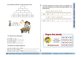 Matemática - 7.º Ano / 2.º BIMESTRE - 2014Matemática - 7.º Ano / 2.º BIMESTRE - 20149
Operaçõescomnúmerosinteiros
13) Complete a pirâmide. Preste atenção à dica!
a – b
a b
– 9602 – 5
Dic@
MULTIRIO
14) Determine as diferenças:
a) (+10) – (– 1) = ___________
b) (– 25) – (– 8) = ___________
c) (+7) – (+2) = ___________
d) (– 4) – (+4) = ___________
15) Resolva as adições algébricas:
a) (– 9) + (+10) – (+3) – (+20) = ________________________
b) (– 1) + (– 17) – (+18) = ________________________
c) (– 5) – (– 8) – (– 2) – ( +10) = ______________________
16) Cada sequência de números possui um segredo. Em
cada uma, descubra os números que estão faltando nos
quadradinhos.
-18 -12 -6
-18 -12 -6
- 18 + 6 -12 + 6
(-1).(-6)
-6 + 6 0 + 6
0 . (-6)1 . (-6)2 . (-6)
 